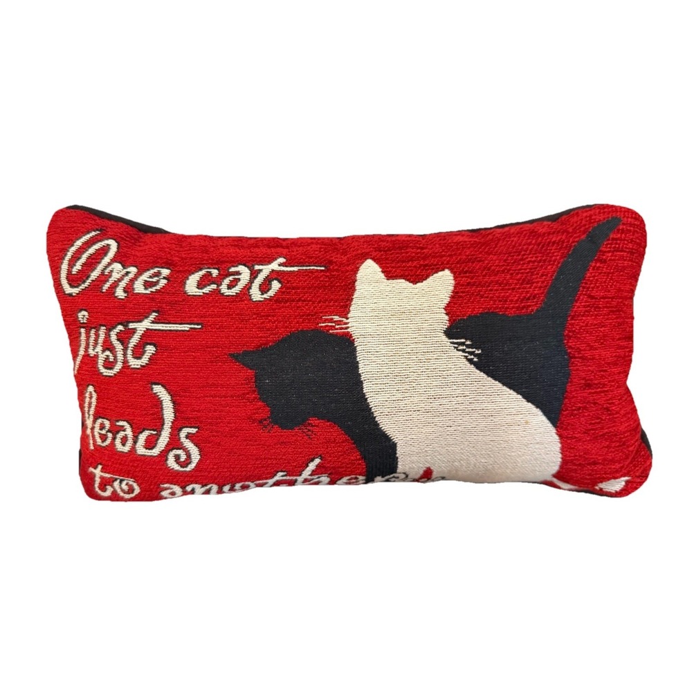 Vintage Tapestry Throw Pillow Cats Red Black 15"x 8" Decorative Cat Lady